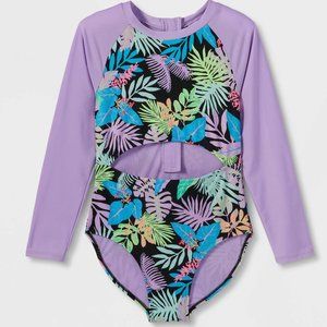 Art Class Girls Long Sleeve Just Vibing One-Piece Swimsuit Multi S (6/6X) NWT